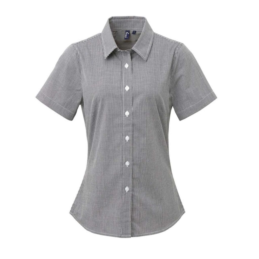 WOMENS SHORT SLEEVE GINGHAM MICROCHECK SHIRT - Black-White, L